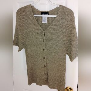 Sag Harbor Silk-blend Sage Button-Up Ribbed Knit Shirt Sleeves Sweater - L
